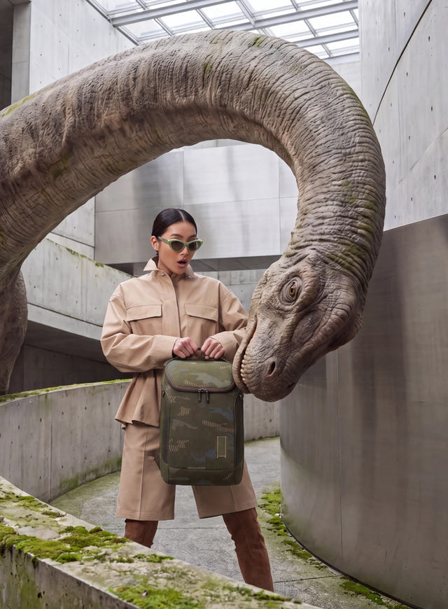 A Transit Z Perfect Camouflage backpack held up to a curious dinosaur