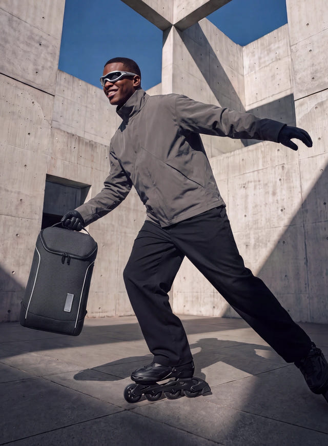 An inline skater carrying a black Transit Z backpack by its top handle