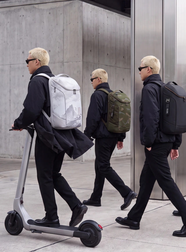 Three walkers carrying Transit Z backpacks in white, camouflage and black